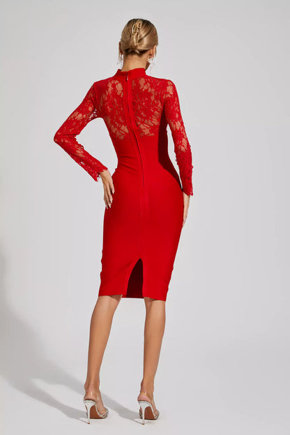 Liv Red Lace Sleeve Bandage Dress