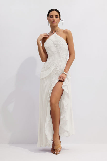 Nina Asymmetry Pleated Halterneck Midi Dress