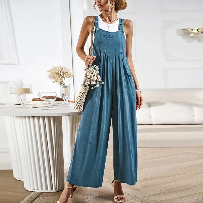 Women's solid color casual all-match loose wide-leg jumpsuit