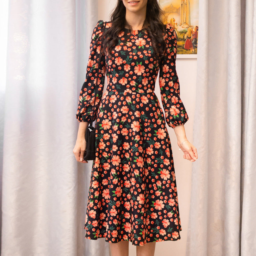 Floral Cropped Sleeves Crew Neck Vintage Skirt