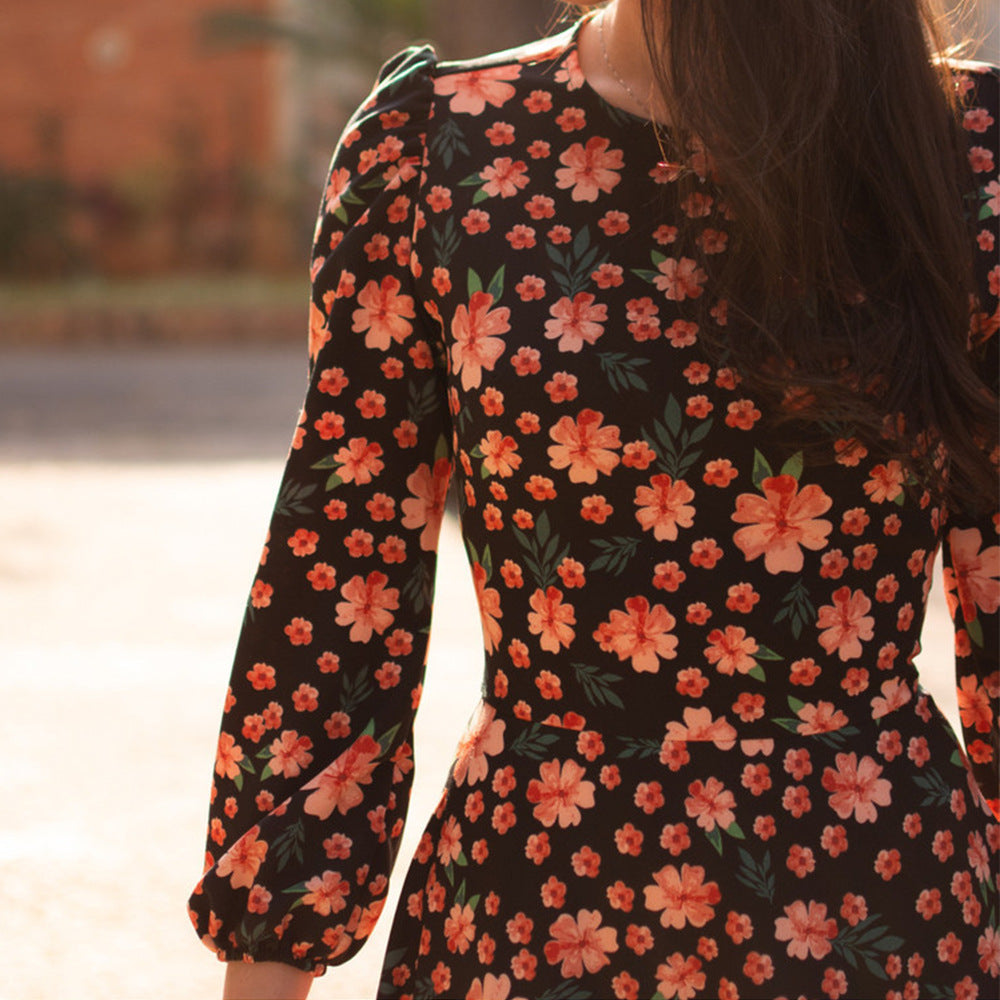 Floral Cropped Sleeves Crew Neck Vintage Skirt