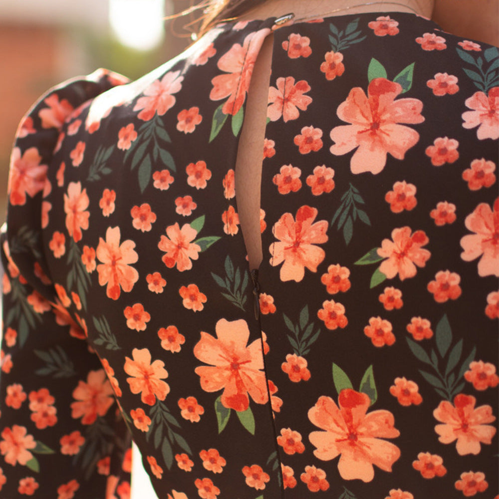 Floral Cropped Sleeves Crew Neck Vintage Skirt