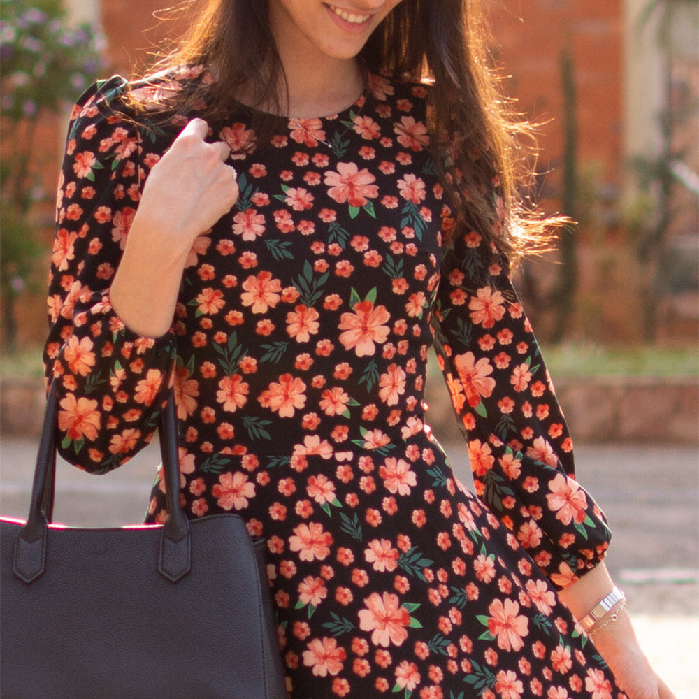 Floral Cropped Sleeves Crew Neck Vintage Skirt