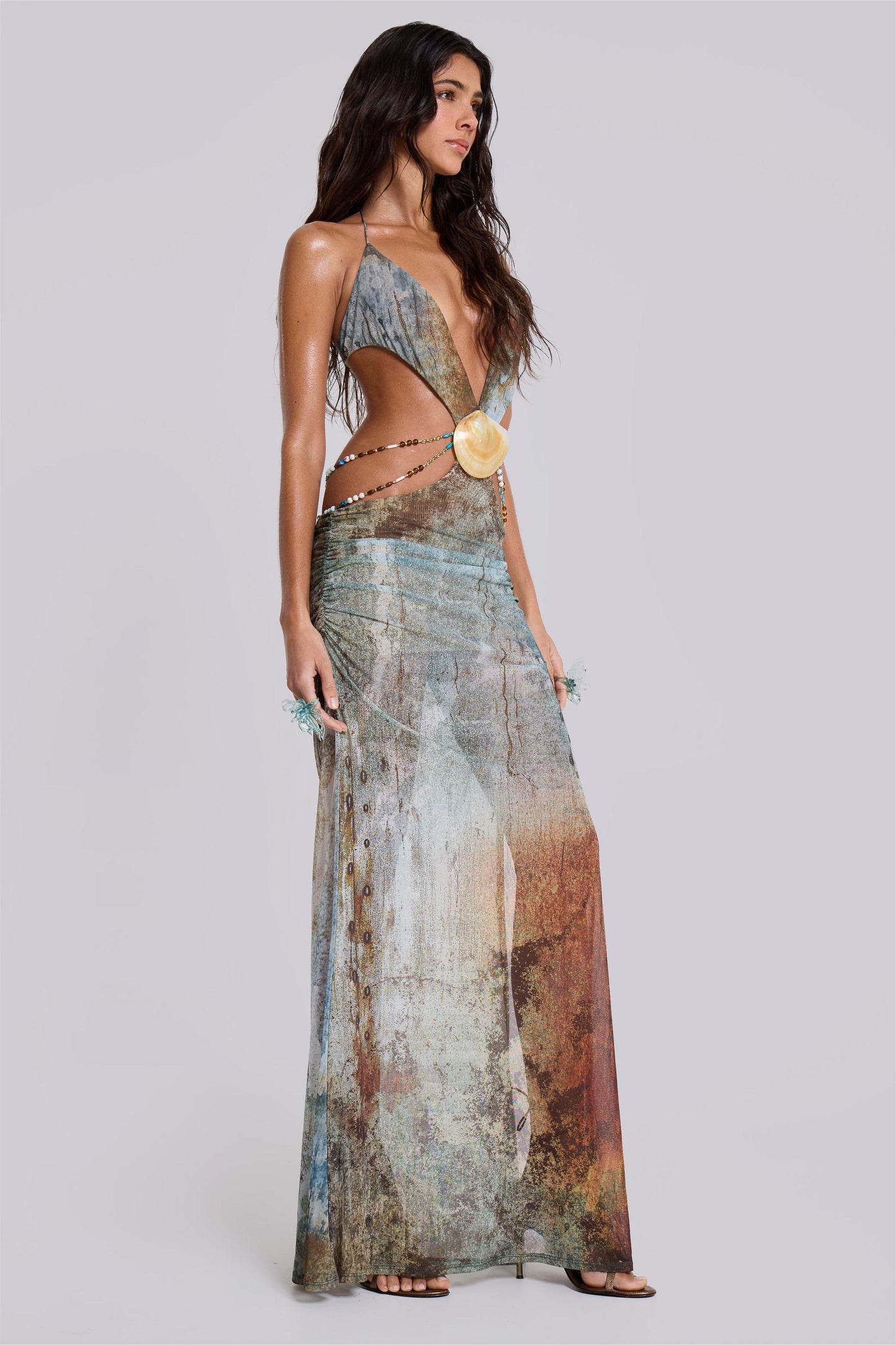 Mesh Cut-Out Backless Split Midi Dress