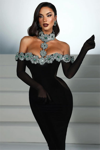 Rhinestone Off-Shoulder Bandage Maxi Dress With Gloves