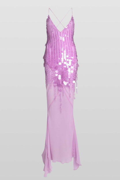 Sequin V-Neck Mesh Sleeveless Maxi Dress