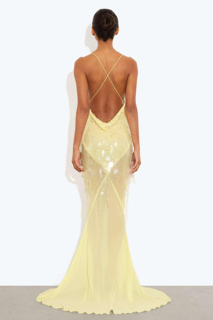 Sequin V-Neck Mesh Sleeveless Maxi Dress