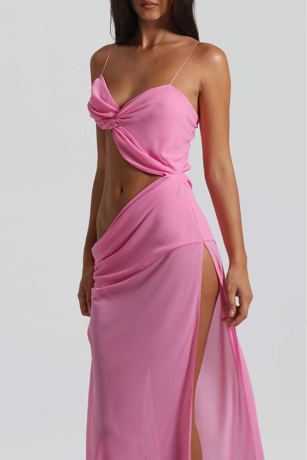 Solid Mesh Backless Lace Up Maxi Dress