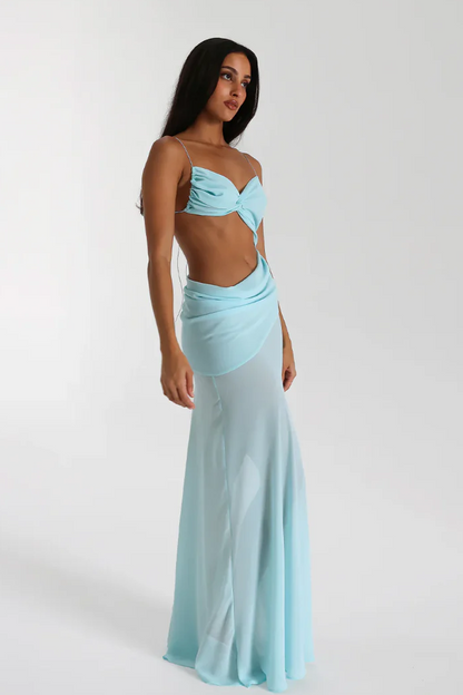 Solid Mesh Backless Lace Up Maxi Dress