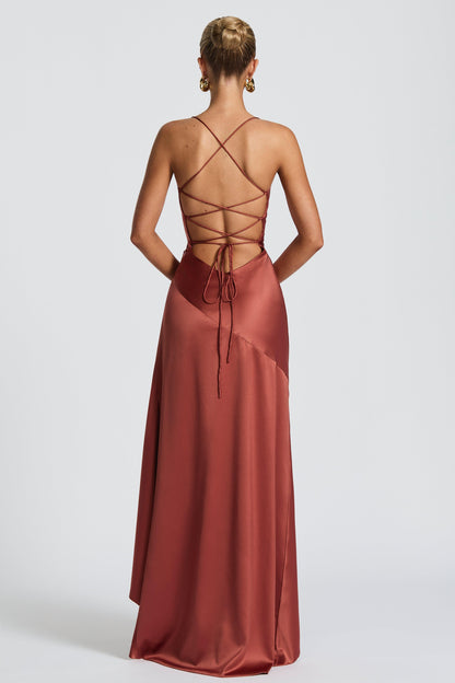 Solid Satin Ruffle Maxi Dress