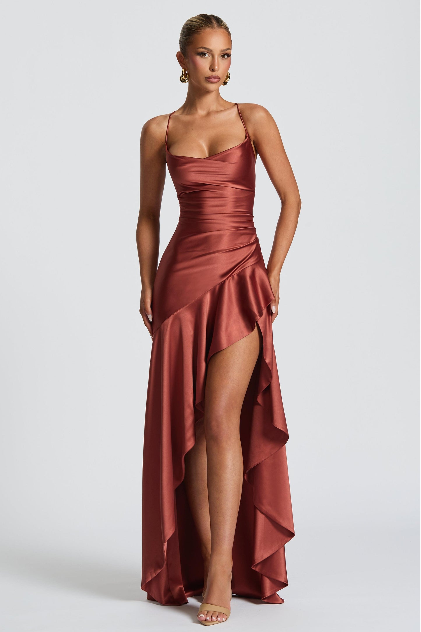 Solid Satin Ruffle Maxi Dress