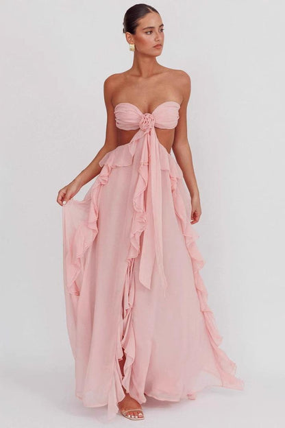 Chiffon Ruffle Backless Maxi Dress