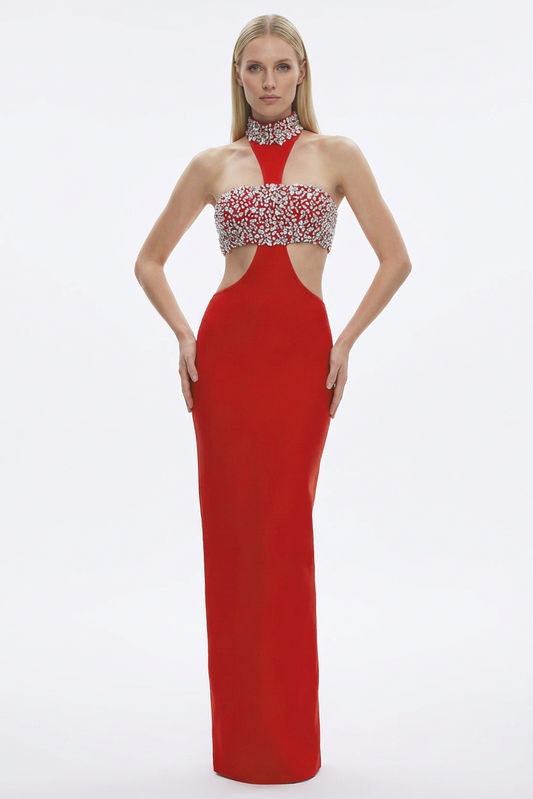 Rhinestone Cut-Out Halter Neck Dress