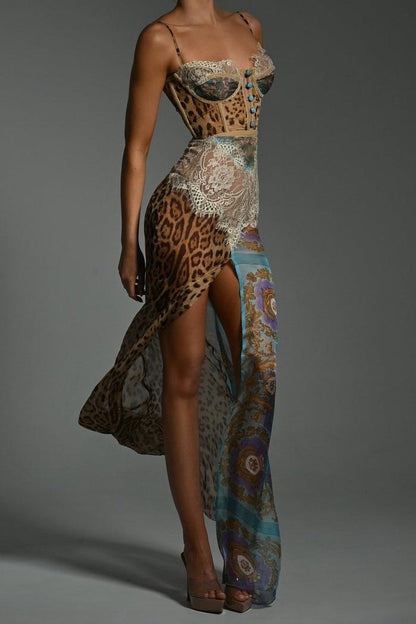 Chiffon Splicing Lace Split Leopard Print Maxi Dress