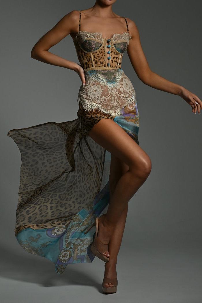 Chiffon Splicing Lace Split Leopard Print Maxi Dress