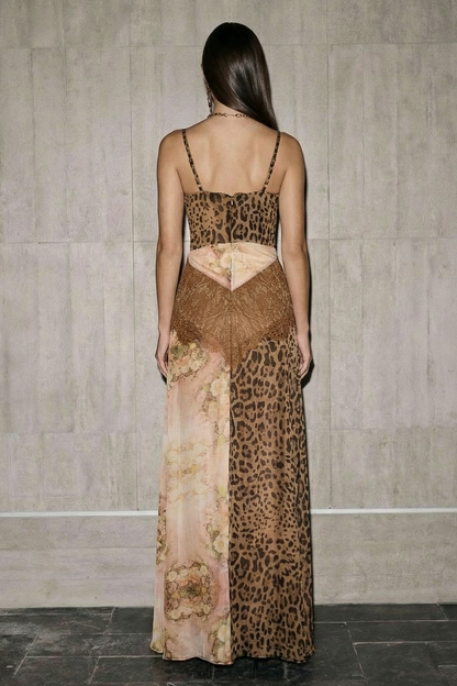 Chiffon Splicing Lace Split Leopard Print Maxi Dress
