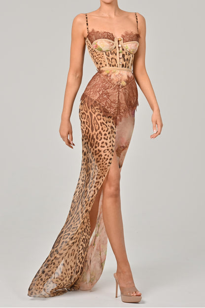 Chiffon Splicing Lace Split Leopard Print Maxi Dress