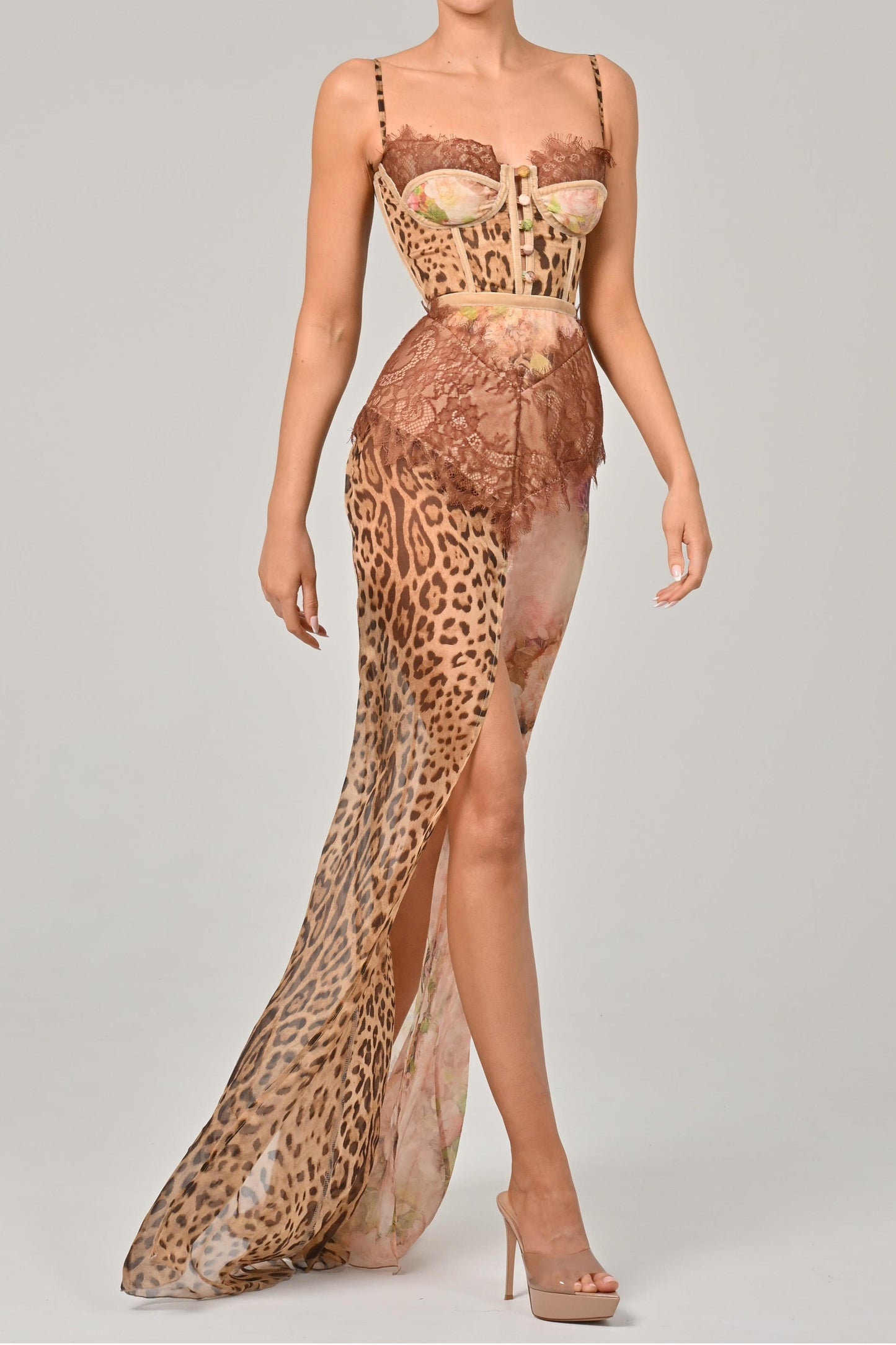 Chiffon Splicing Lace Split Leopard Print Maxi Dress