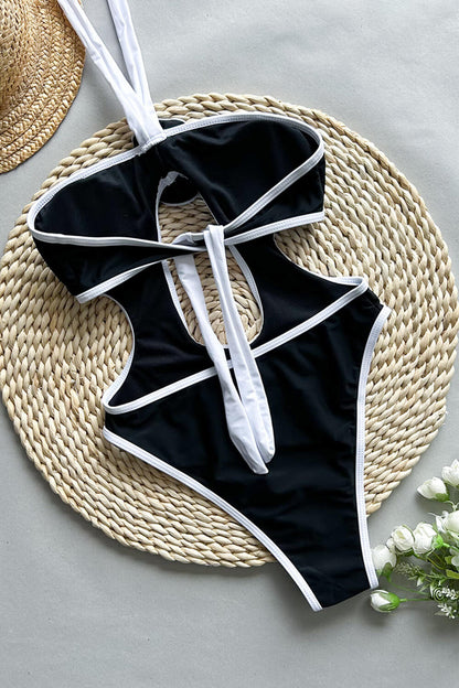 3D Flower Contrast Color Cut-Out One Piece Swimsuit