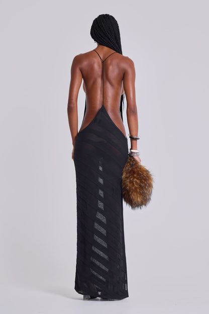 Mesh Twill Stripe Backless Maxi Dress
