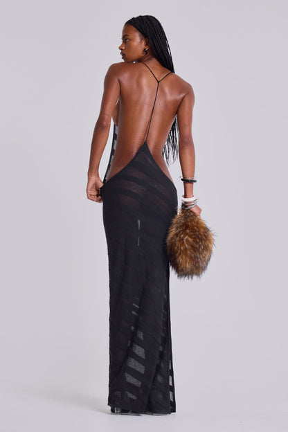 Mesh Twill Stripe Backless Maxi Dress