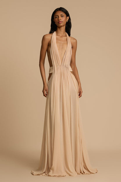 Solid V-Neck Halter Neck Maxi Dress