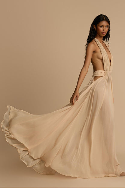 Solid V-Neck Halter Neck Maxi Dress