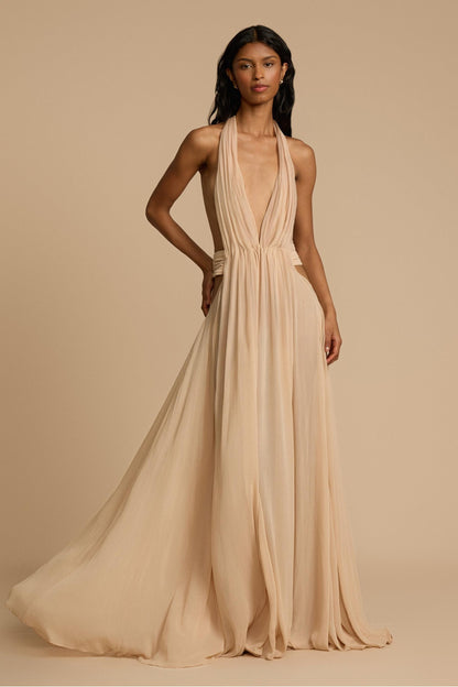 Solid V-Neck Halter Neck Maxi Dress