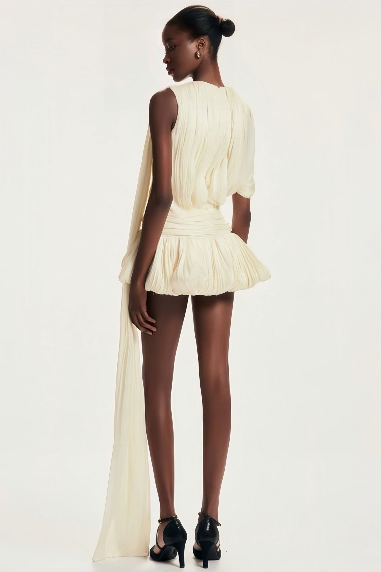 Cape Sleeve Ruched Asymmetrical Mini Dress