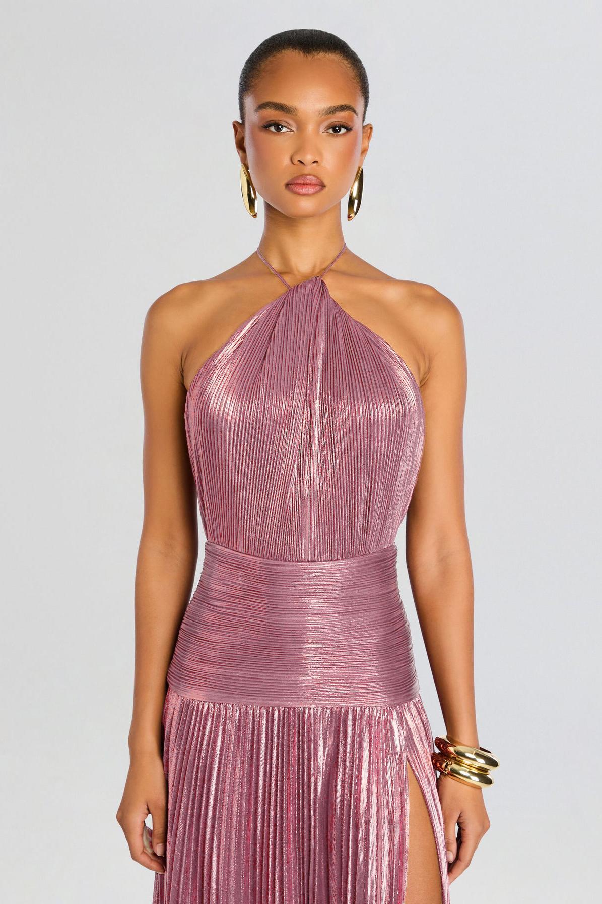Metallic Fabric Pleated Halter Neck Maxi Dress