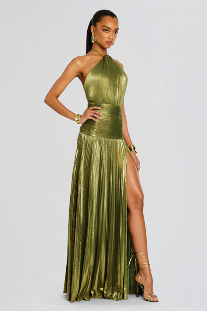 Metallic Fabric Pleated Halter Neck Maxi Dress