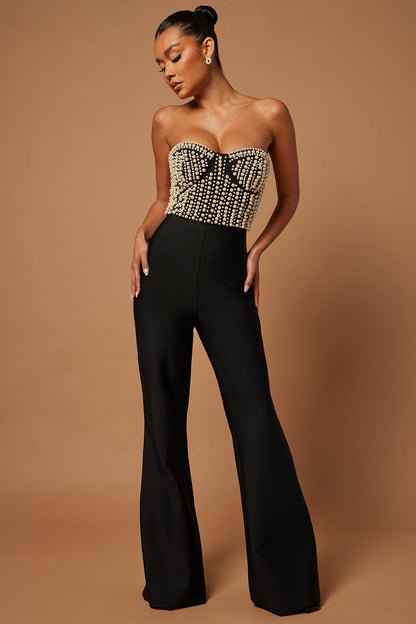Faux Pearl Off-Shoulder Bandage High Waist Jumpsuit
