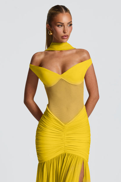 Mesh Off-Shoulder Gathering Maxi Dress