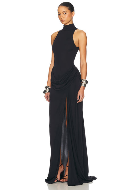 High Neck Ruched Slit Maxi Dress