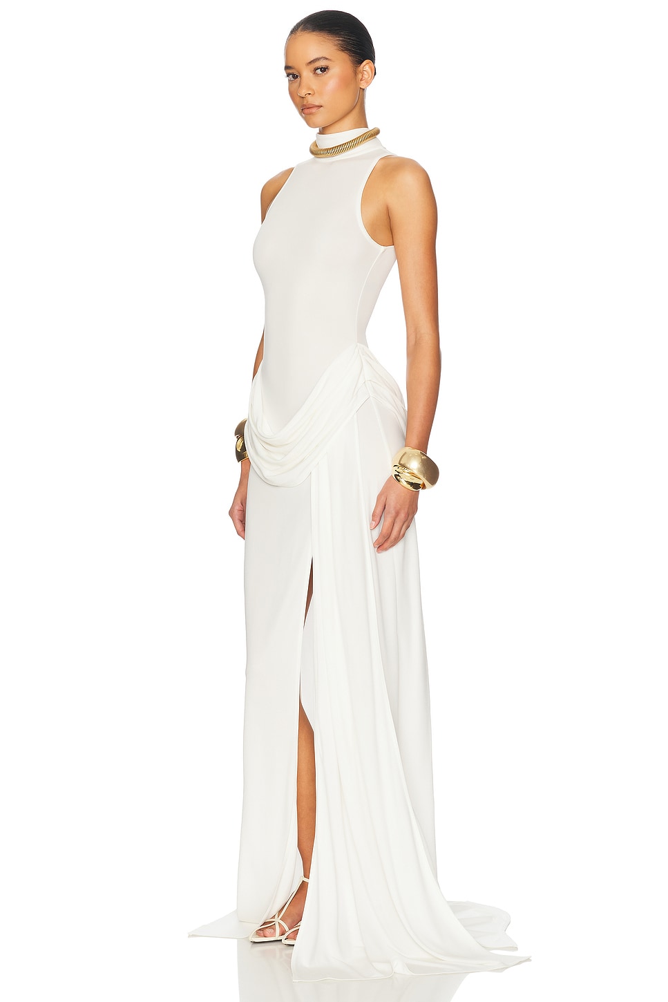 High Neck Ruched Slit Maxi Dress