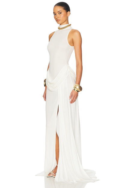 High Neck Ruched Slit Maxi Dress