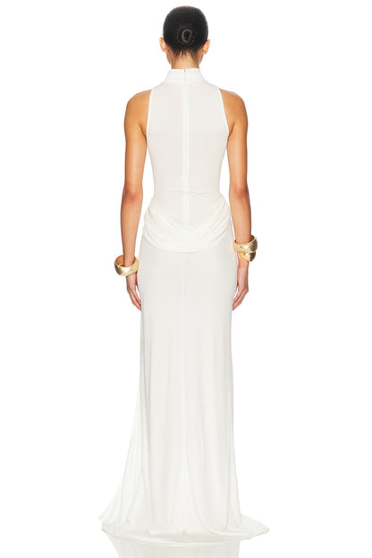 High Neck Ruched Slit Maxi Dress