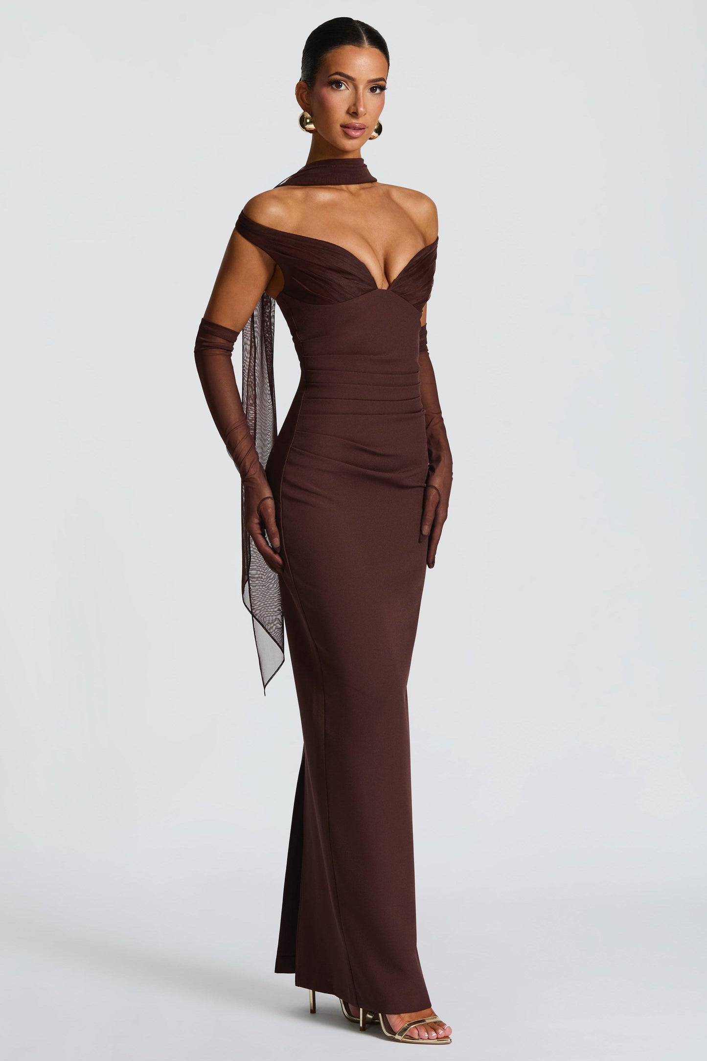 Solid Off-Shoulder Slit Maxi Dress
