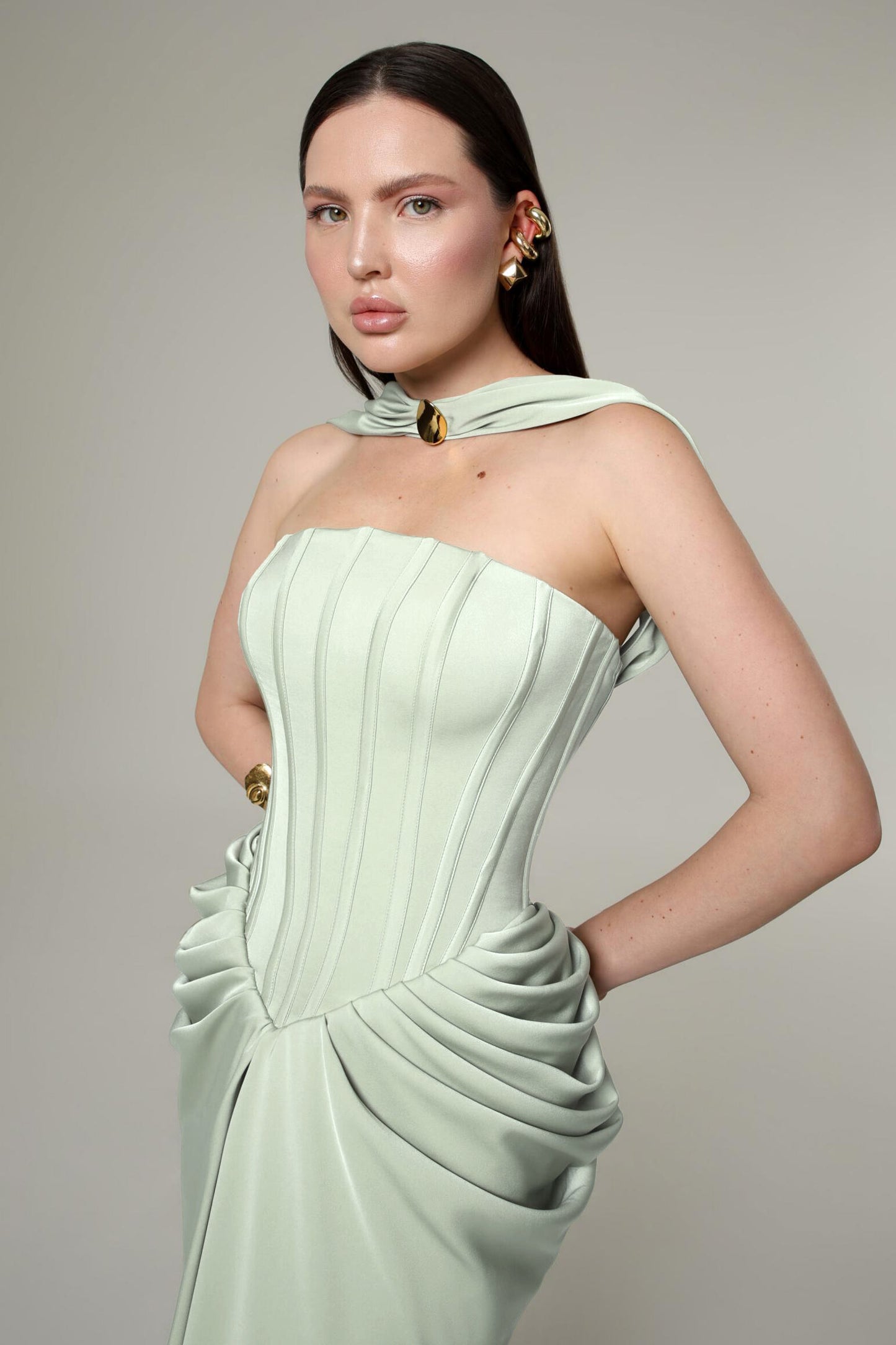 Satin Pleated Lace-Up Maxi Dress