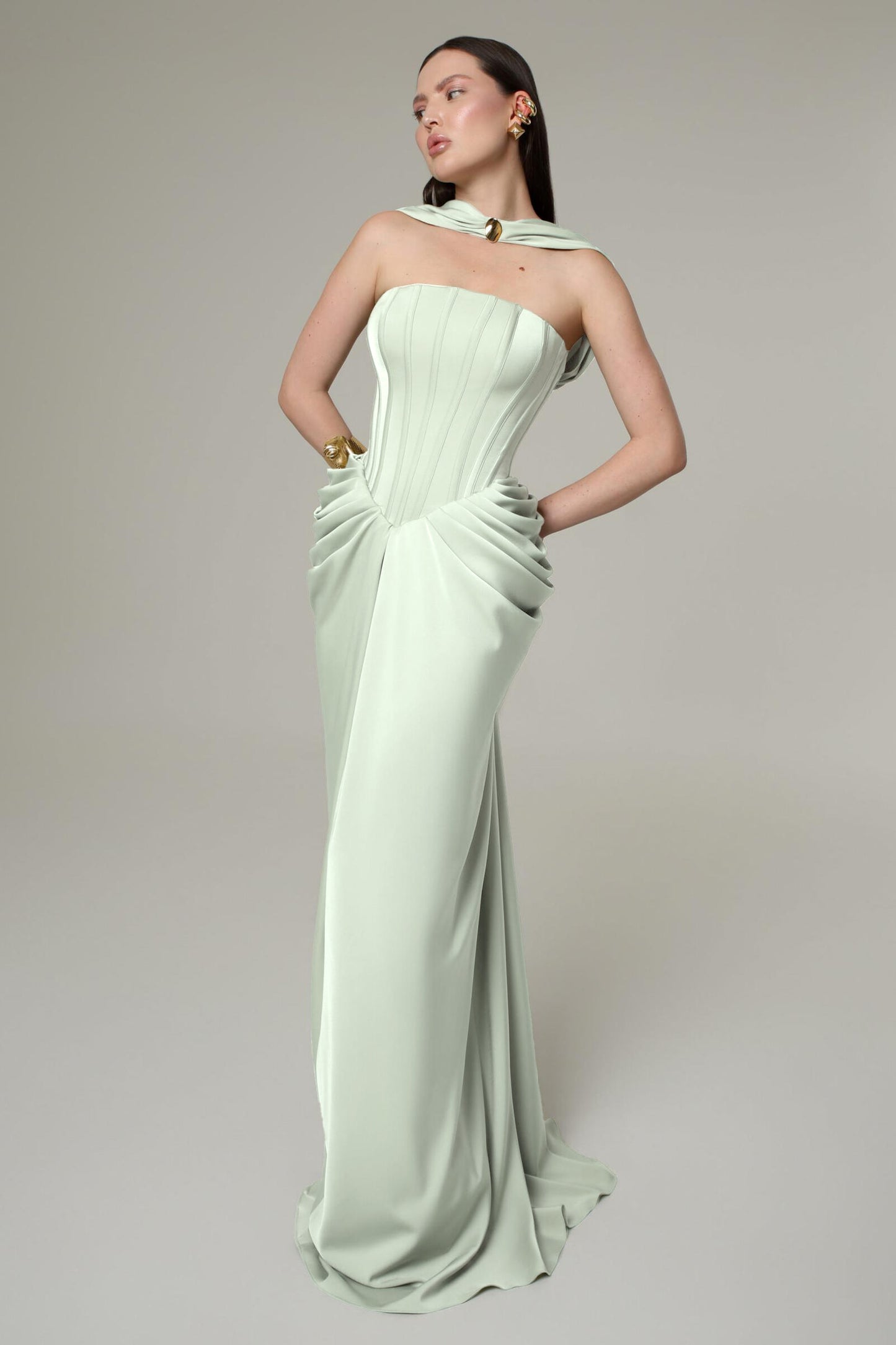 Satin Pleated Lace-Up Maxi Dress
