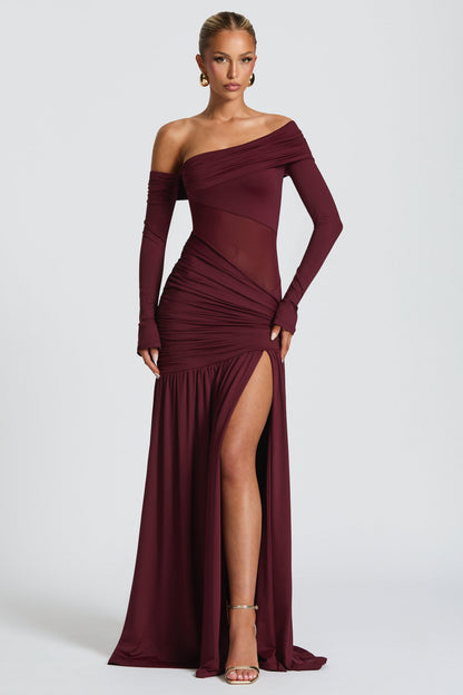 Long Sleeve Strapless See-Through Slit Maxi Dress