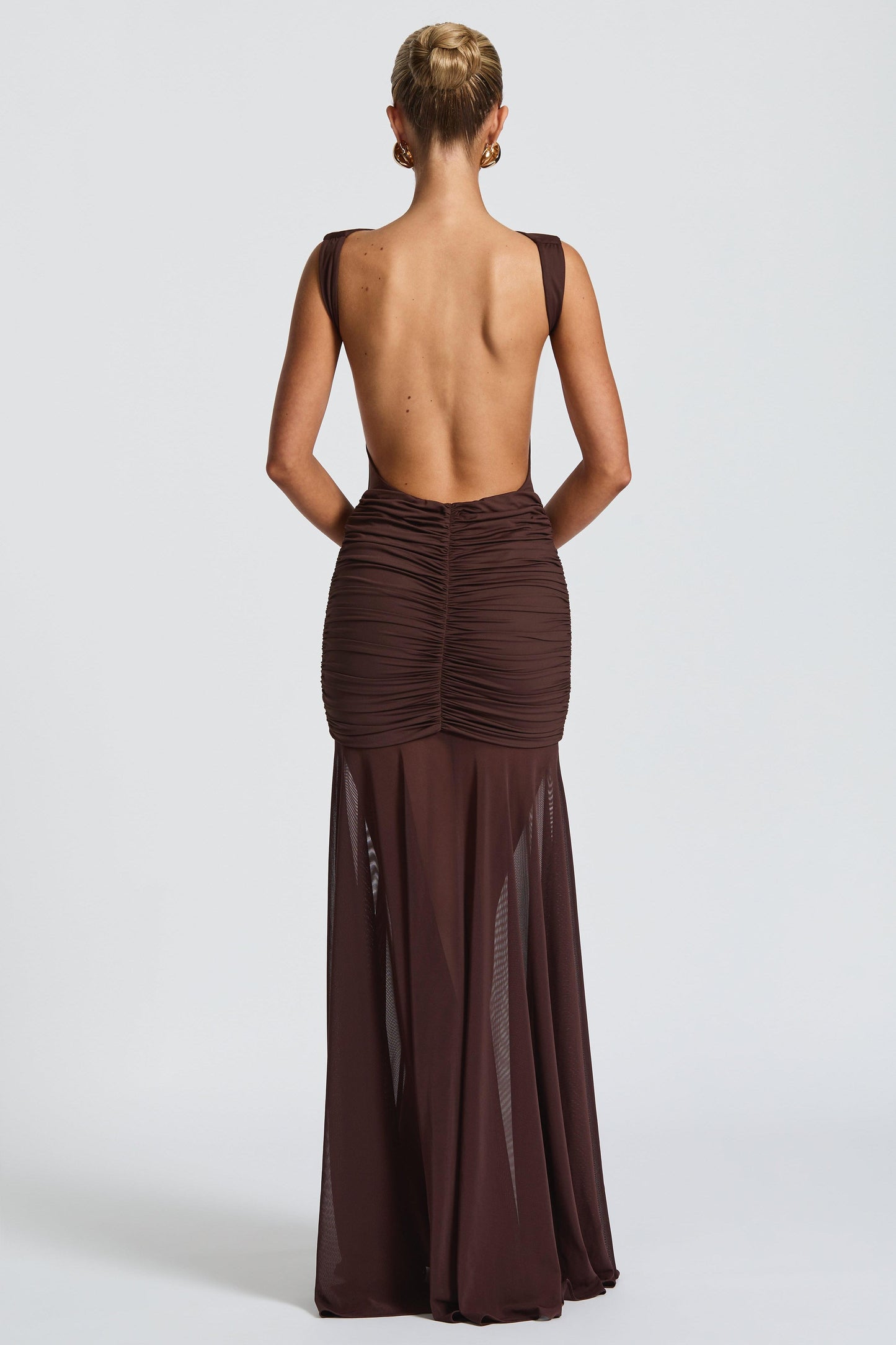Mesh Gathering Backless Maxi Dress