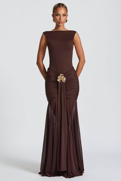 Mesh Gathering Backless Maxi Dress