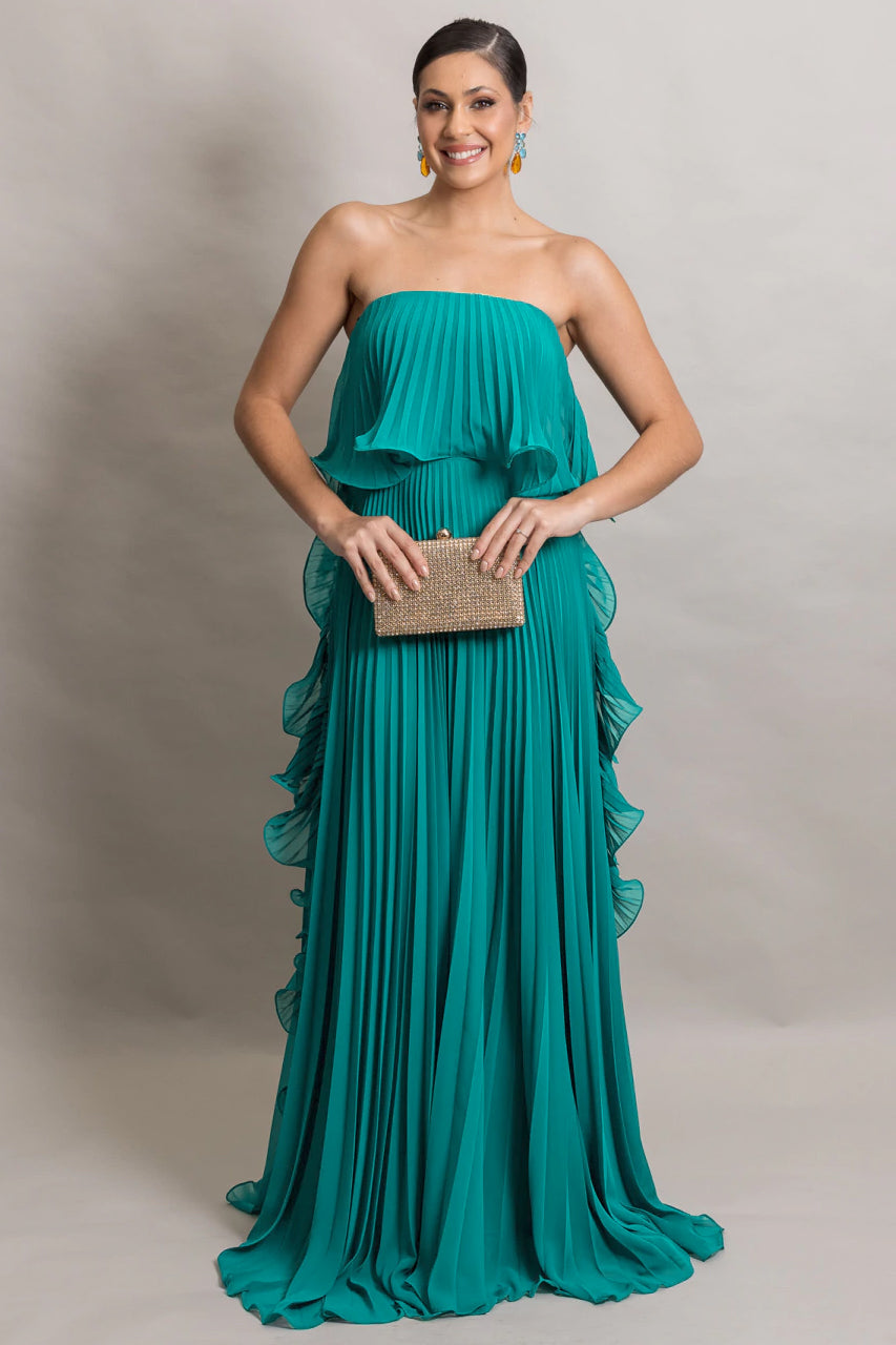 Off-Shoulder Pleated Frill Maxi Dress