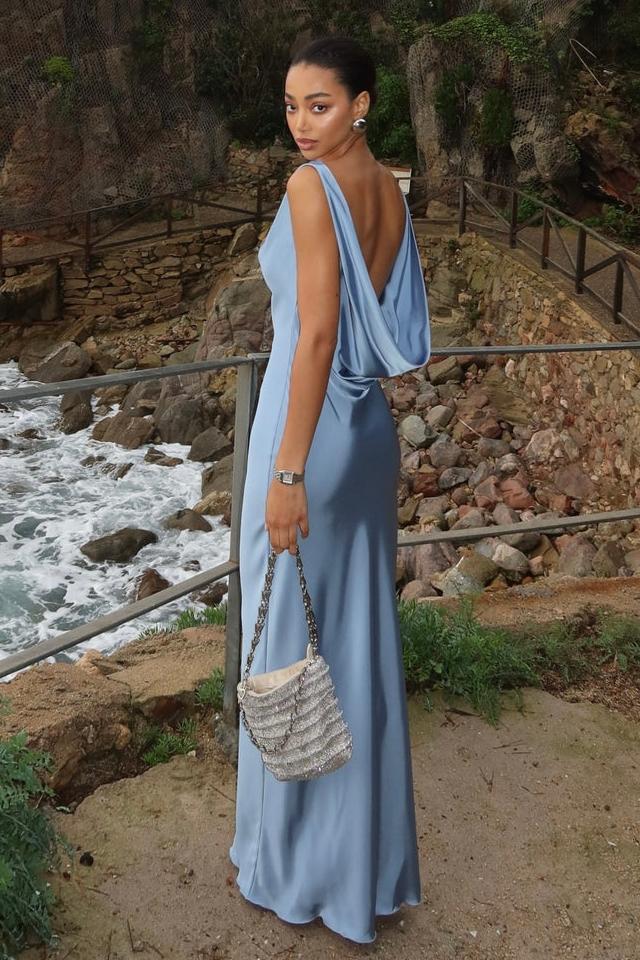 Satin Asymmetrical Neck Backless Maxi Dress