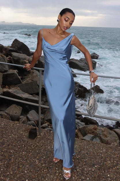 Satin Asymmetrical Neck Backless Maxi Dress