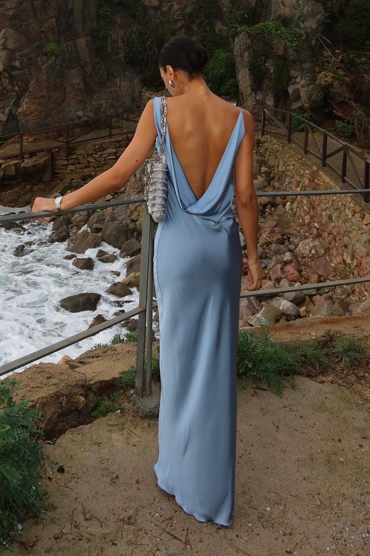 Satin Asymmetrical Neck Backless Maxi Dress