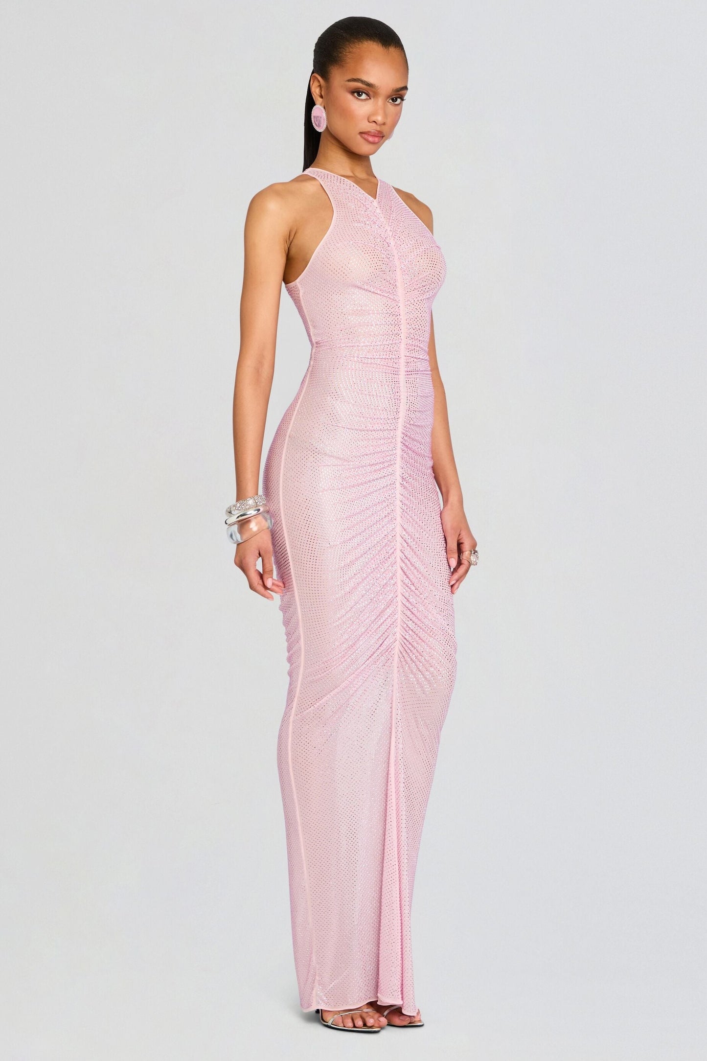 Rhinestone Gathering Sleeeveless Maxi Dress