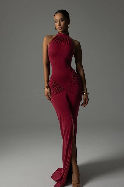 Solid Ruched Sleeveless Slit Maxi Dress