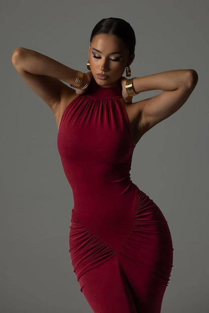 Solid Ruched Sleeveless Slit Maxi Dress